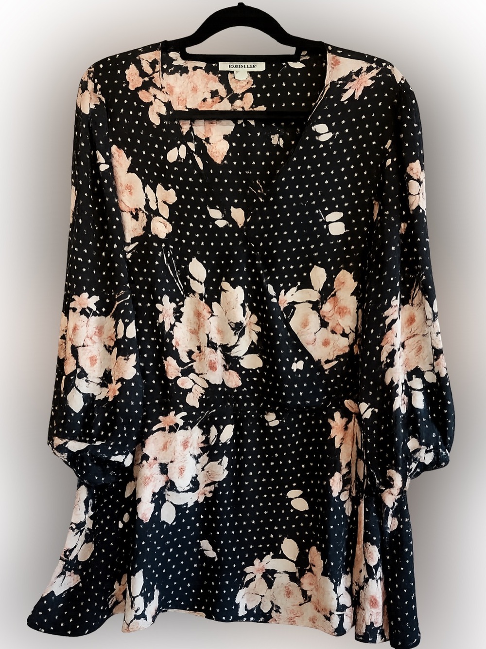 Rose & Olive Black Blouse with Pale Pink Floral & White Polka Dots